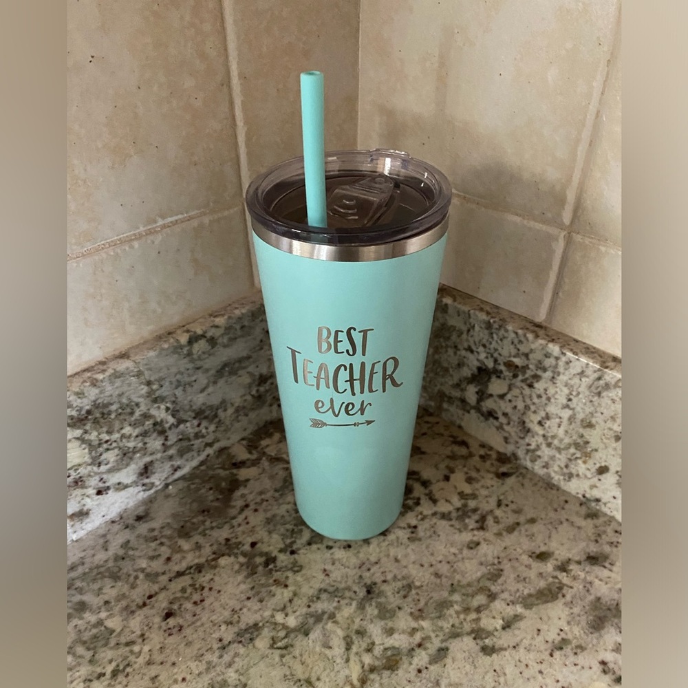 Travel cup “Best Teacher Ever” aqua w/silver lettering & plastic flexible straw